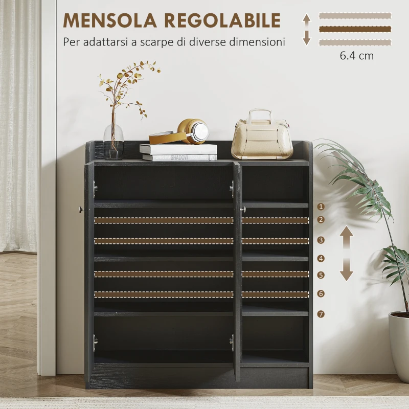 HOMCOM Armadio Scarpiera Salvaspazio Regolabile, Scarpiera Moderna in Legno per 12 Paia di Scarpe con 4 Ripiani Aperti, 83x30x90 cm, Nero