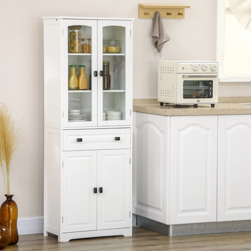 HOMCOM Buffet haut armoire de cuisine 4 portes dont 2 portes vitrées et 1 tiroir hauteur 160 cm avec étagères en bois blanc