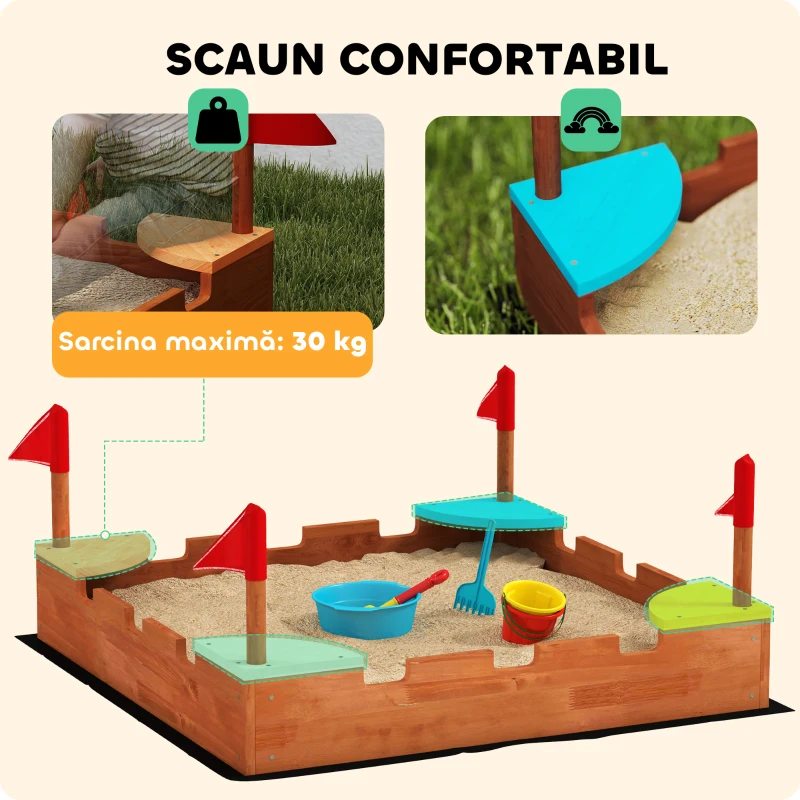 AIYAPLAY Nisipar pentru Copii 3-7 Ani, Formă Castel, Lemn de Brad, 90x90x17 cm, Multicolor