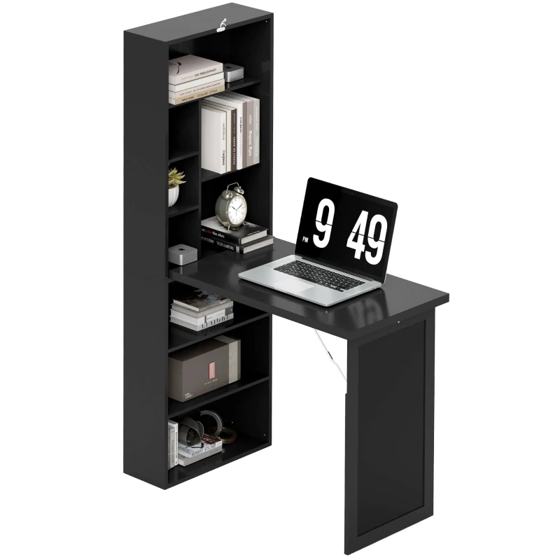 HOMCOM Escritorio Moderno Plegable con Librería y Pizarra, en MDF y Metal, 98x51x153 cm, Negro