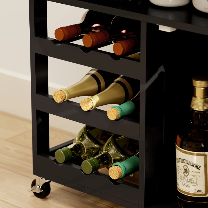 HOMCOM Carrello da Cucina in Legno con Portabottiglie, 3 Ante e Cassetto, 67x37x87 cm, Nero e Rovere