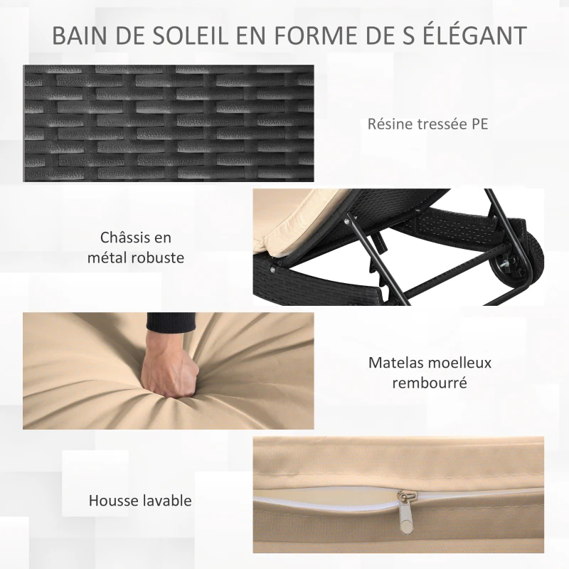 Outsunny Bain de soleil transat grand confort - dossier inclinable 5 positions roulettes - matelas déhoussable inclus - résine tressée noire et beige