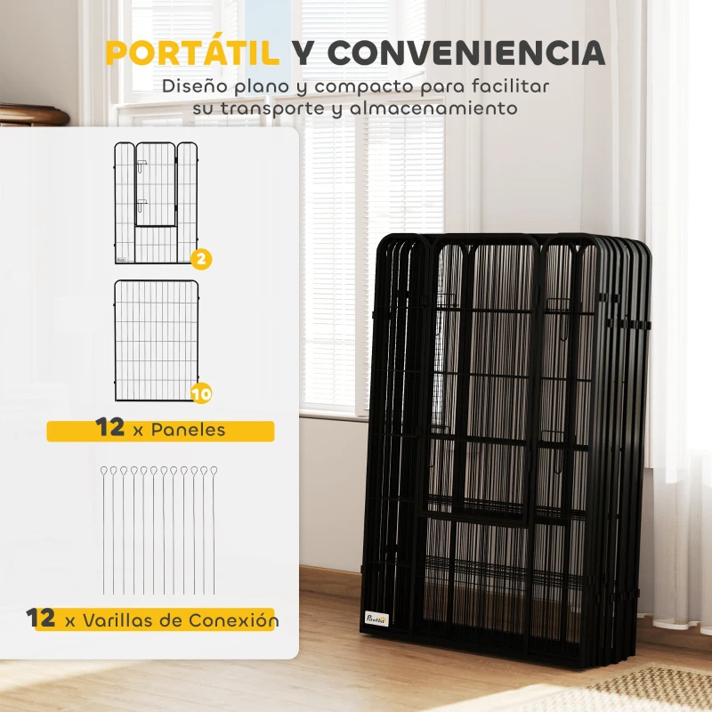 PawHut Parque para Perros de 12 Paneles con 2 Puertas Corralito para Perros para Exterior Interior de Acero 80x120 cm Negro