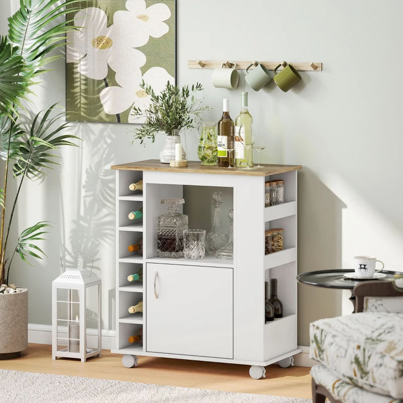 HOMCOM Kücheninsel, Küchenschrank, 5 Regale, 3 Seitenfächer, Weiß + Natur