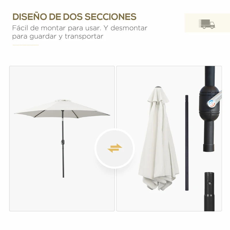 Outsunny Sombrilla para Jardín de Aluminio Ø260x235 cm Parasol de Jardín Reclinable con Manivela y 6 Varillas de Metal para Terraza Exterior Balcón Crema