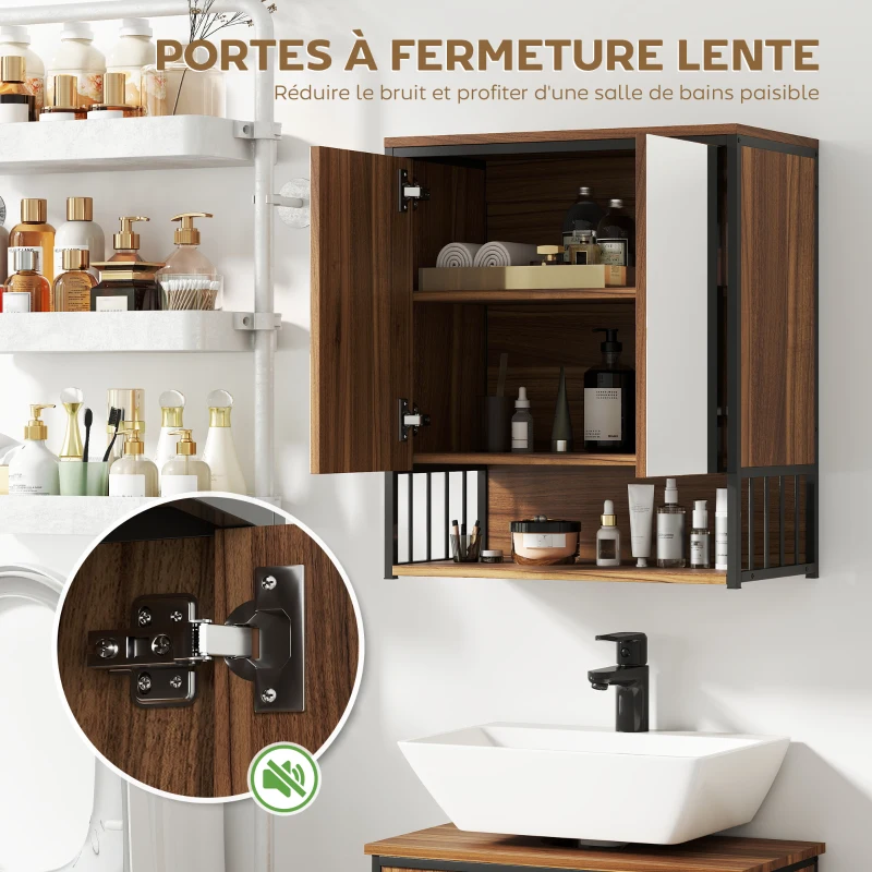 HOMCOM Armoire murale salle de bain avec miroir meuble salle de bain avec compartiment ouvert porte à fermeture amortie marron
