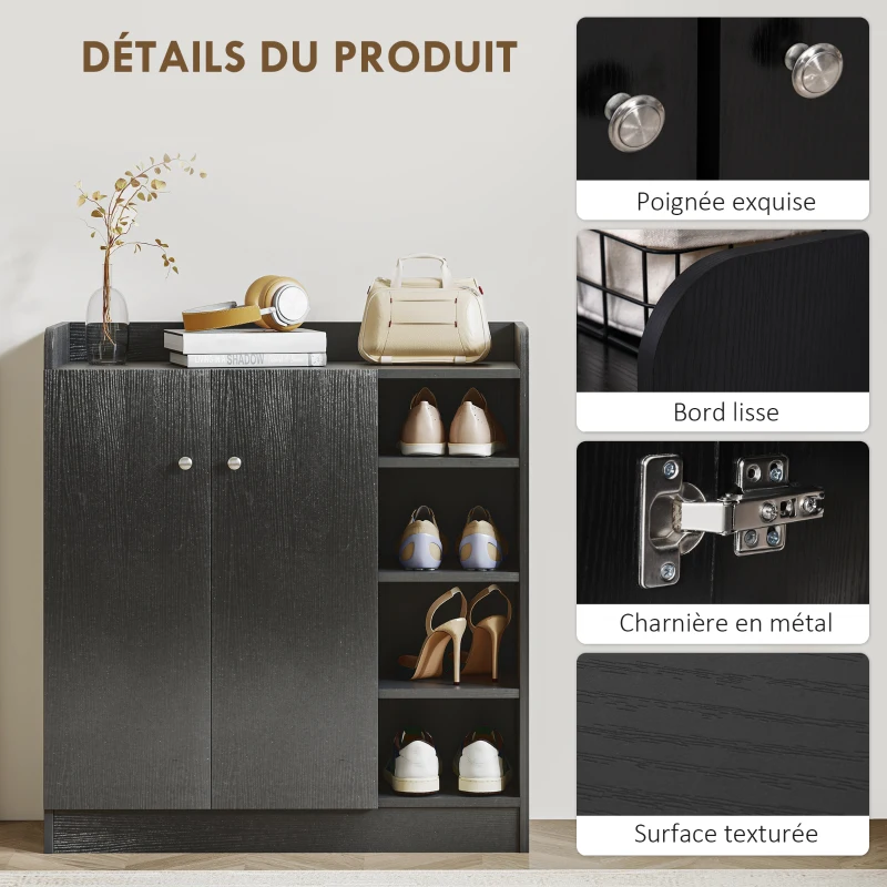 HOMCOM Meuble de rangement à chaussures pour entrée 12 paires - armoire à chaussures avec 4 compartiments ouverts et placard double porte - étagère réglable - 83L x 30l x 90H cm - noir
