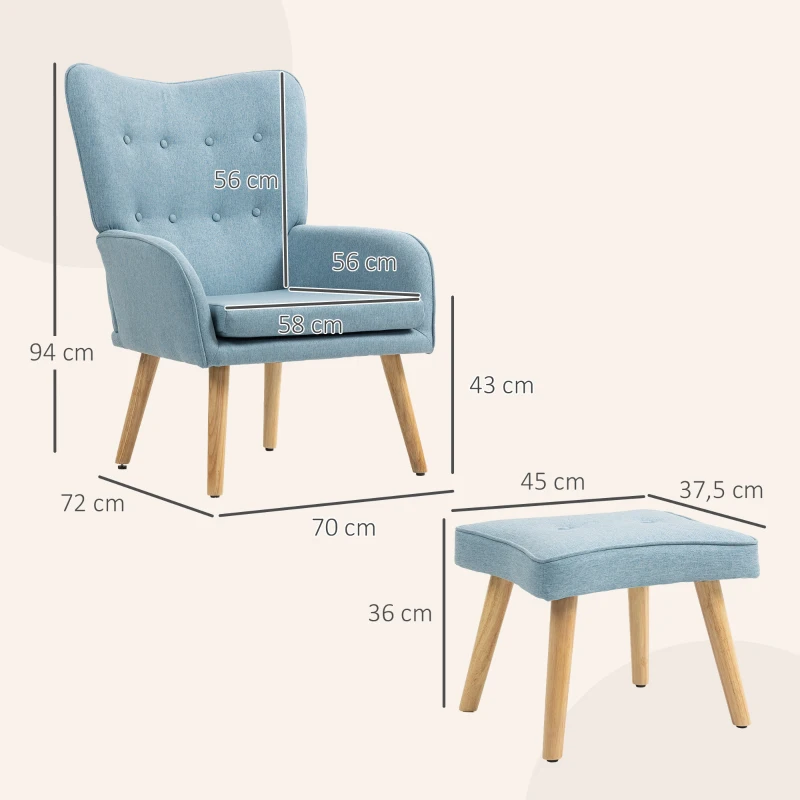 HOMCOM Fauteuil avec Repose-pieds Fauteuil Lecture avec Dossier Haut Capitoné Pieds en Bois et Revêtement en Lin Bleu Clair