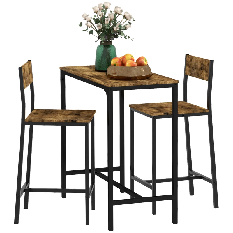 HOMCOM Set Bar da 3 Pezzi, Tavolo da Bar, 2 Sedie, MDF, Telaio in Metallo, Resistente all'Acqua, Marrone