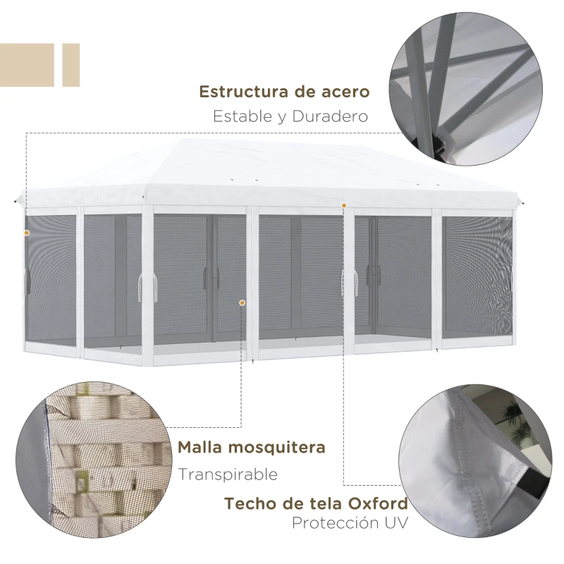 Outsunny Carpa Plegable Pop-Up Gazebo 6x3 m con 6 Paredes Laterales de Malla Anti-UV y Bolsa de Transporte Crema