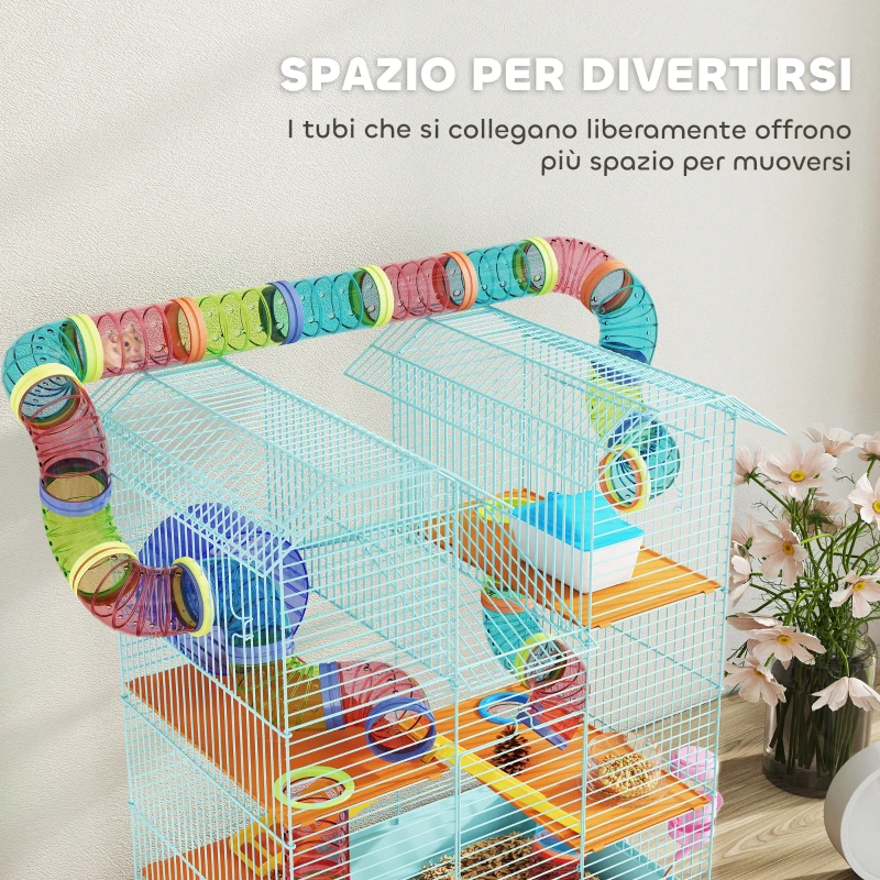 PawHut Gabbia per Criceti a 5 Piani con Tubi Colorati, Ruota, Casetta e Accessori, 47x30x59 cm, Azzurro