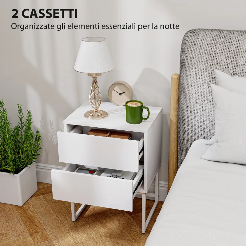 HOMCOM Comodino Moderno a 2 Cassetti con Apertura a Pressione, MDF e Acciaio, 40x30x50 cm, Bianco