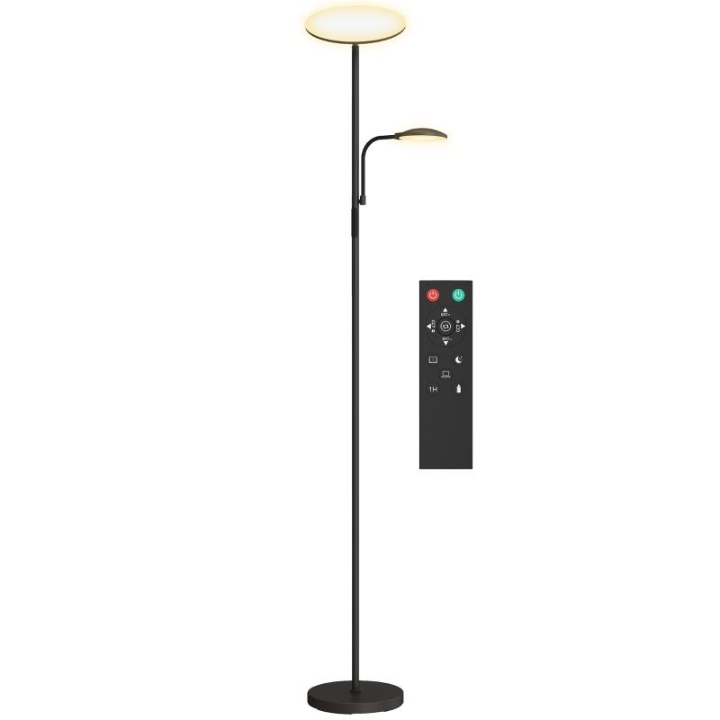 HOMCOM Lampă de Podea cu 2 Surse de Lumină Reglabile pe 4 Niveluri și Telecomandă, Neagră