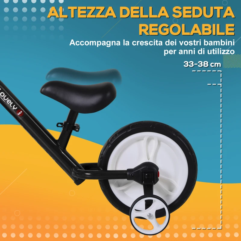 HOMCOM Bici Senza Pedali per Bambini da 2-5 Anni con Sellino Regolabile, Ruote Ausiliarie e Pedali, Nero