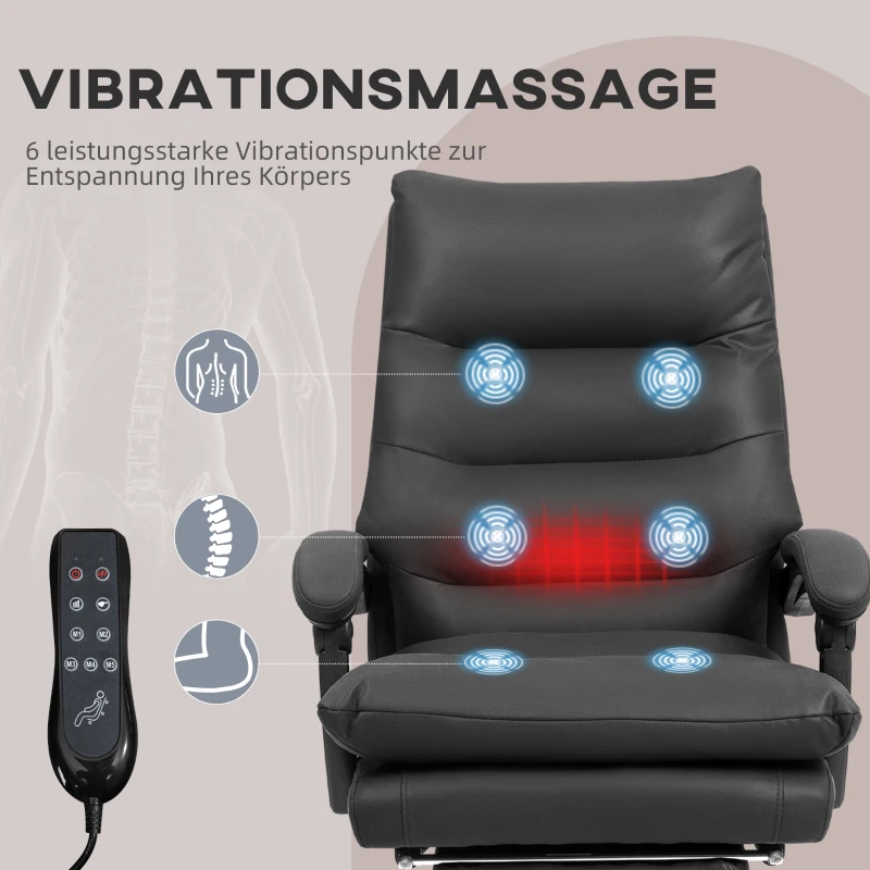 Vinsetto Massage Bureaustoel met Verwarming, Verstelbaar en Kantelbaar, Kunstleer, 65x72x109-117cm, Zwart(m-4)