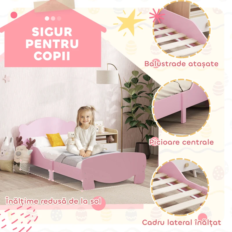 AIYAPLAY Pătuț pentru Copii cu Tăblie și Capăt în Formă de Ursuleț și 2 Bare Laterale, Roz