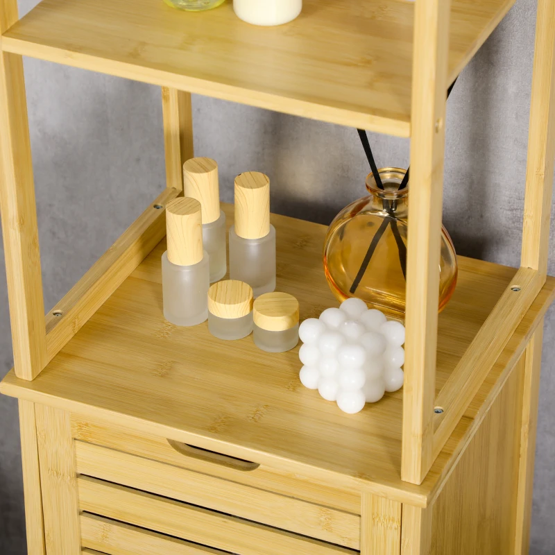 kleankin Meuble colonne de salle de bain avec 3 étagères et placard porte persienne en bambou