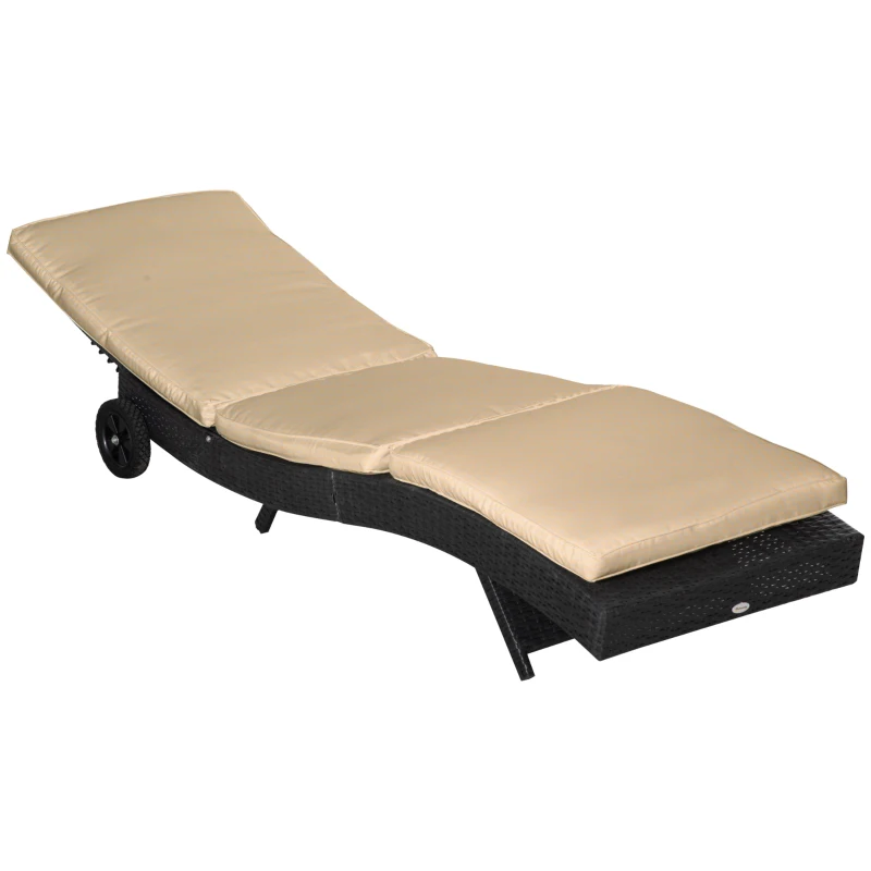 Outsunny Espreguiçadeira de Vime Reclinável Espreguiçadeira de Jardim com 2 Rodas Encosto Ajustável em 5 Posições 207x70x70 cm Preto