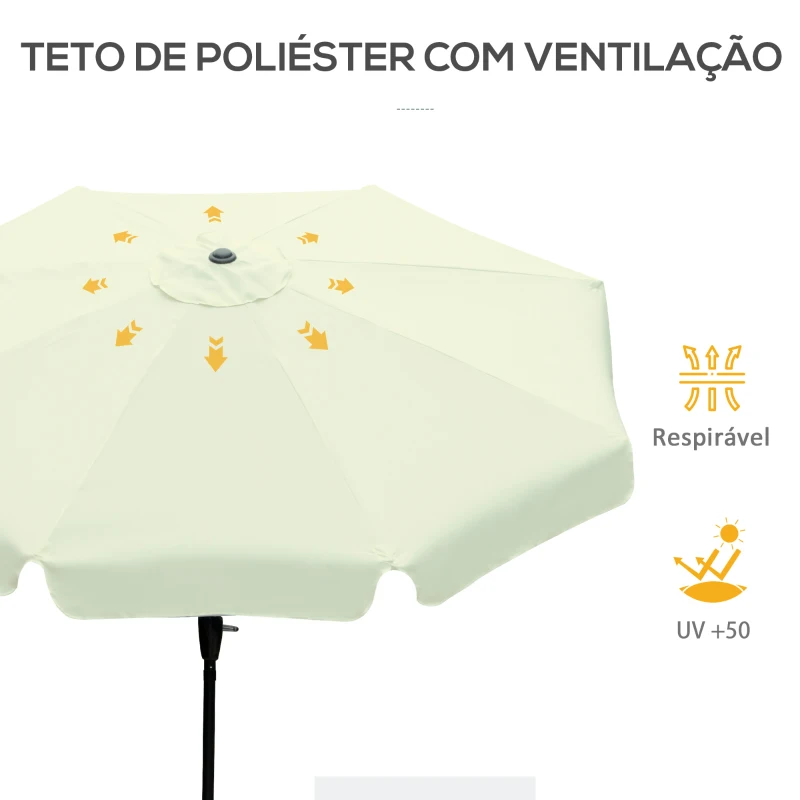 Outsunny Chapéu de Sol de Jardim Ø266x250 cm Proteção UV50+ Chapéu de Sol de Alumínio Inclinável com Teto de Ventilação Manivela para Terraço Varanda Exterior Bege