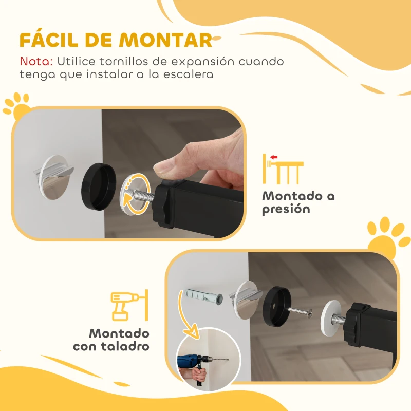 PawHut Barrera de Seguridad para Perros con 2 Extensiones Montaje a Presión Doble Bloqueo para Puerta Escalera 75-95 cm Negro