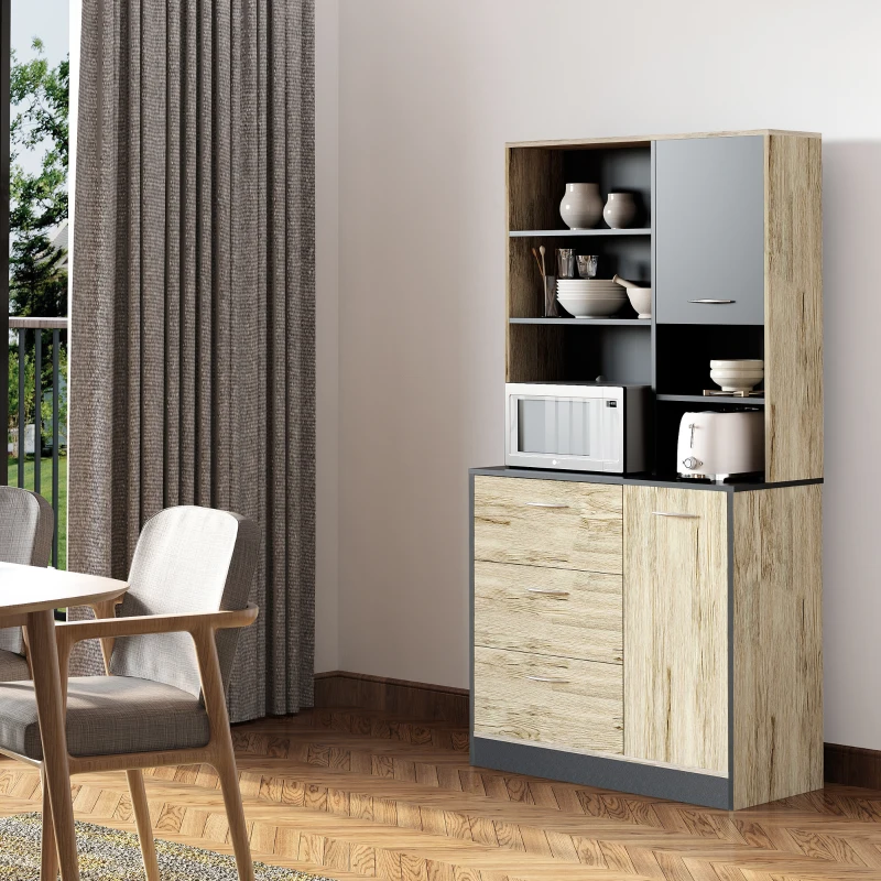 HOMCOM Buffet de cuisine armoire de cuisine multi-rangements 2 portes 3 tiroirs 3 étagères + grand plateau 90L x 39l x 169H cm bicolore chêne clair gris