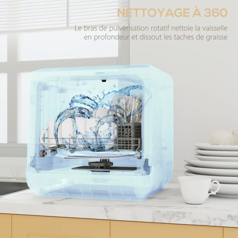 HOMCOM Mini lave-vaisselle compact 4 couverts, lave-vaisselle de table, 6 programmes, commandes tactiles, réservoir 6 L, blanc