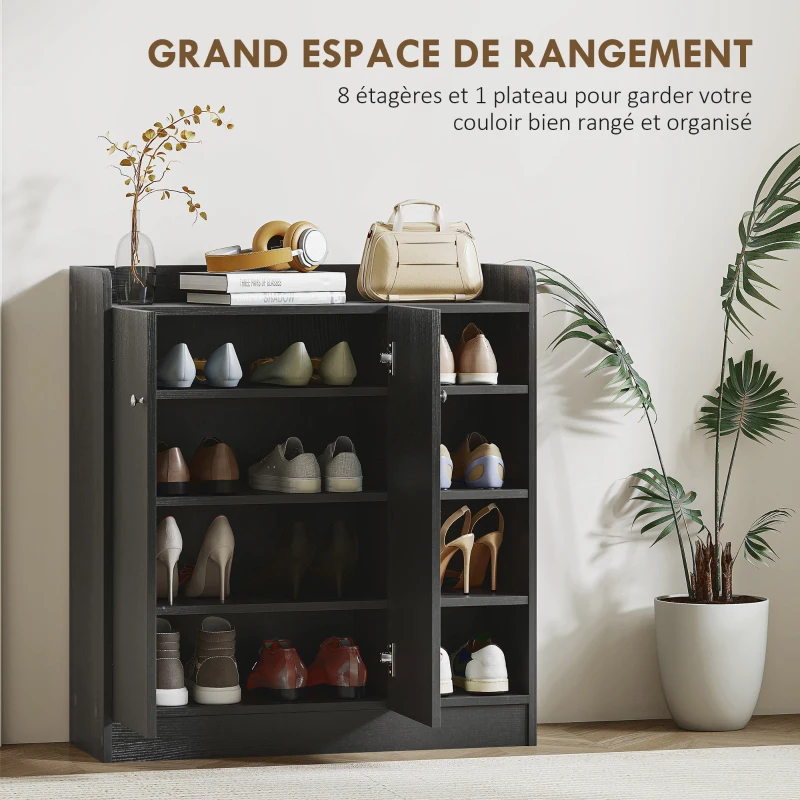 HOMCOM Meuble de rangement à chaussures pour entrée 12 paires - armoire à chaussures avec 4 compartiments ouverts et placard double porte - étagère réglable - 83L x 30l x 90H cm - noir