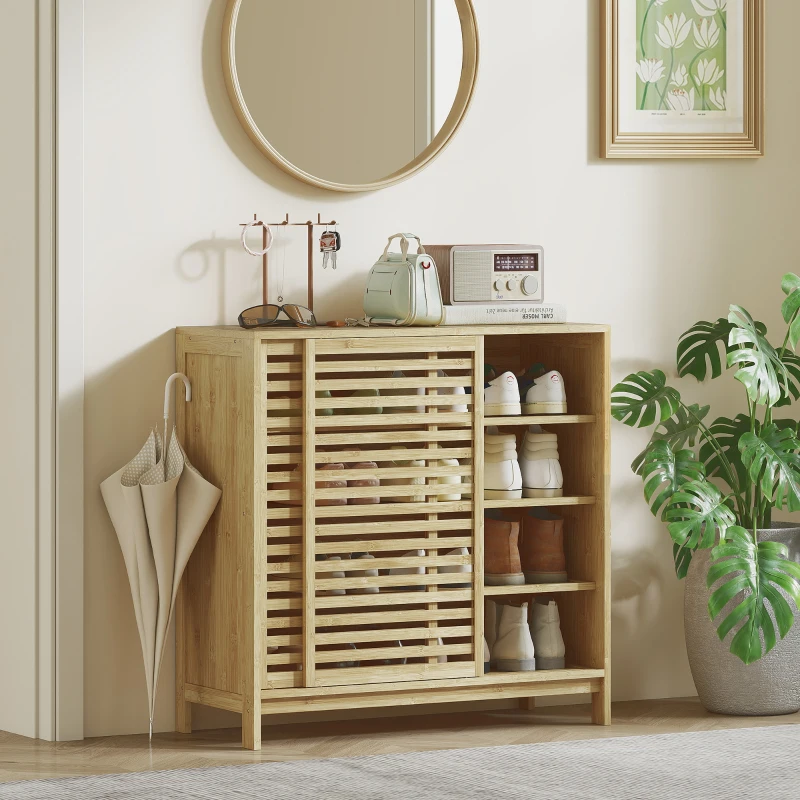 HOMCOM Armadio da Bagno in Bambù con 2 Porte Scorrevoli, Design a Listelli, 4 Ripiani, Mobiletto Portaoggetti, 80x34x80 cm, Naturale