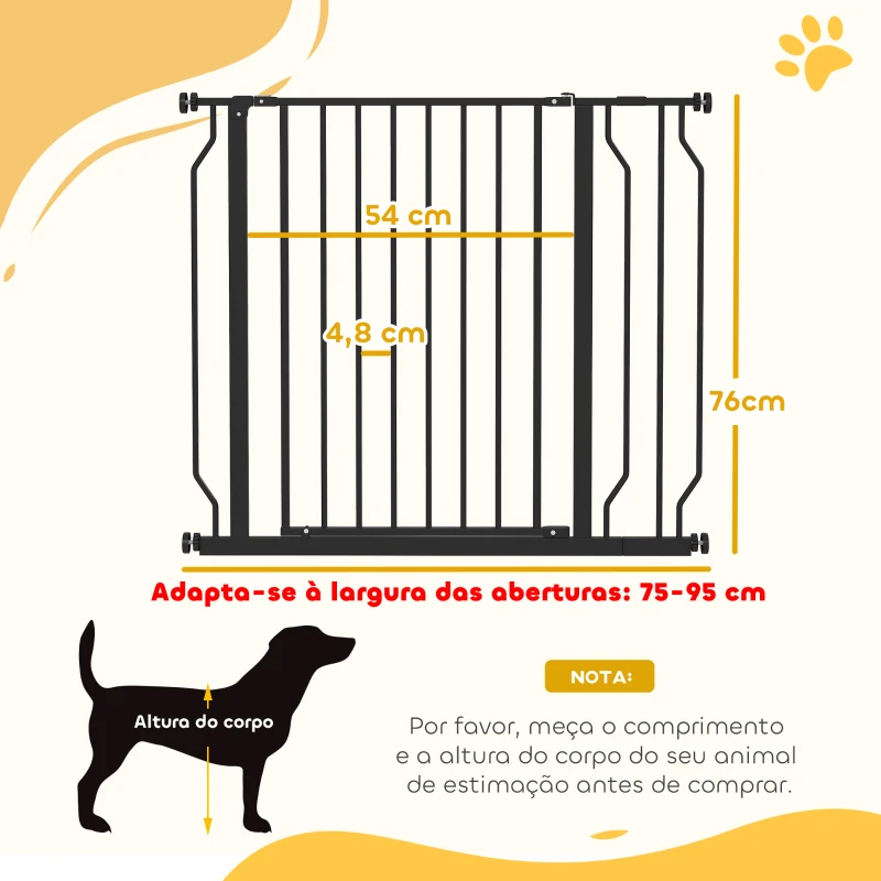 PawHut Barreira de Segurança para Cães Extensível para Escadas e Portas 75-95 cm com 1 Extensão e 10 cm Altura 76 cm Preto