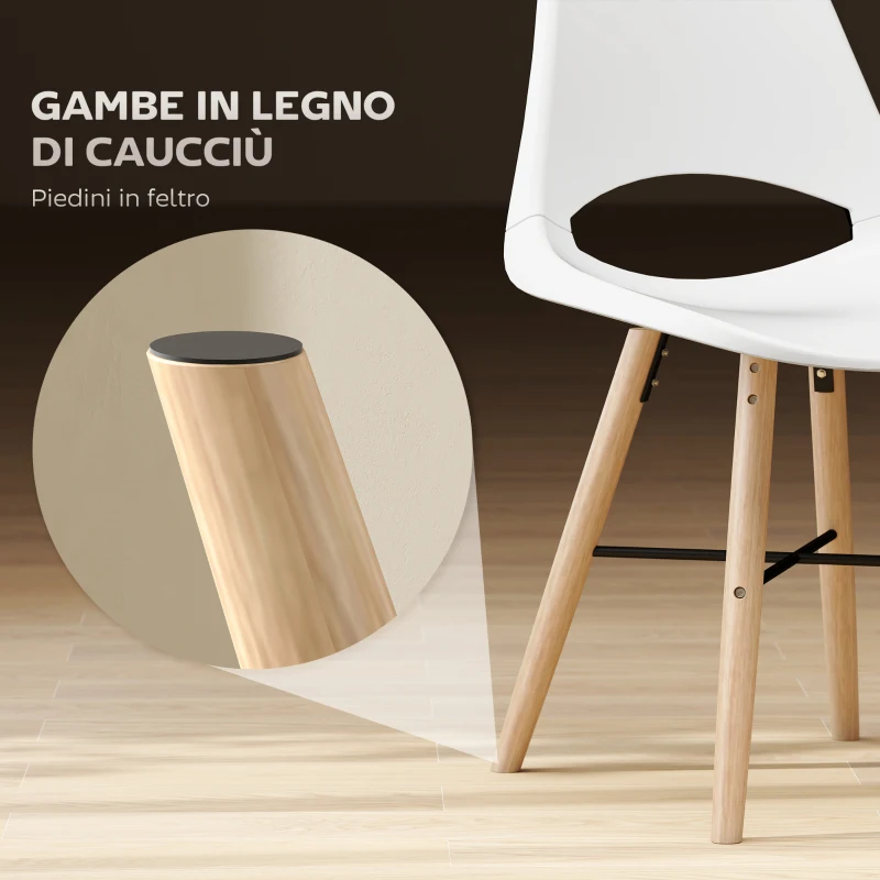 HOMCOM Set di 2 Sedie da Pranzo in Plastica e Legno Stile Nordico con Schienale Curvato, Bianco