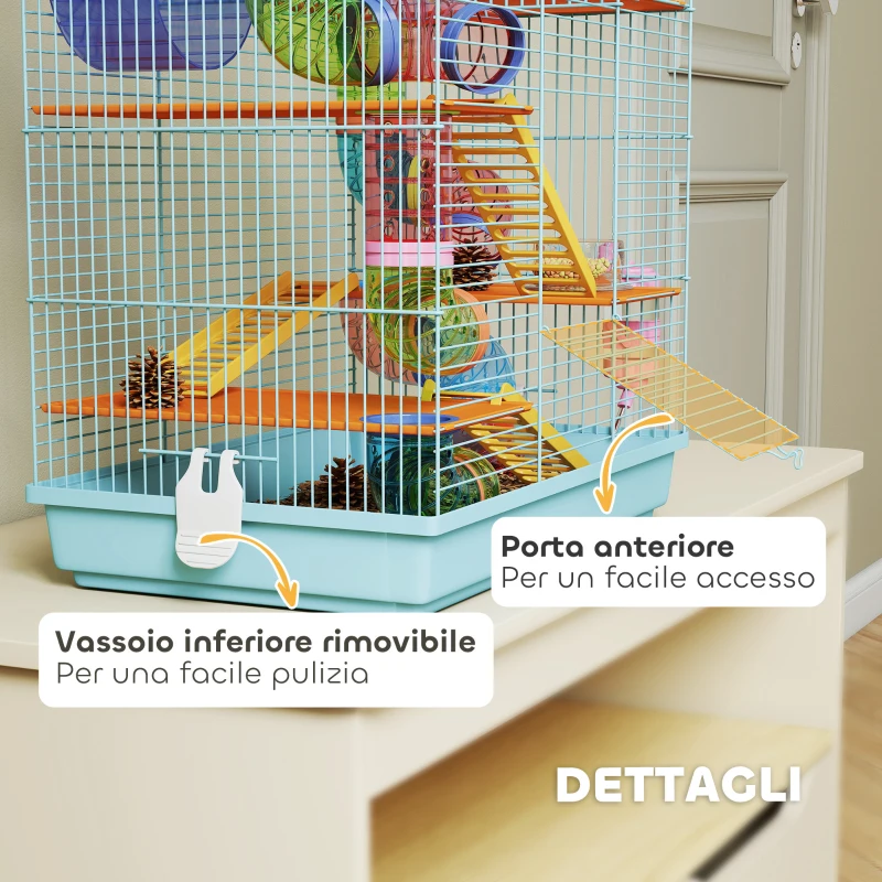 PawHut Gabbia per Criceti a 5 Piani con Tubi Colorati, Ruota, Casetta e Accessori, 47x30x59 cm, Azzurro