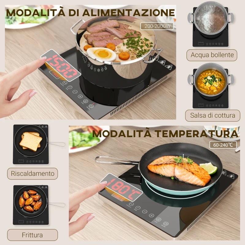 HOMCOM Piastra a Induzione a Potenza e Temperatura Regolabile con Pannello Touch, in Plastica e Vetro, 31x27x4.2 cm, Nero