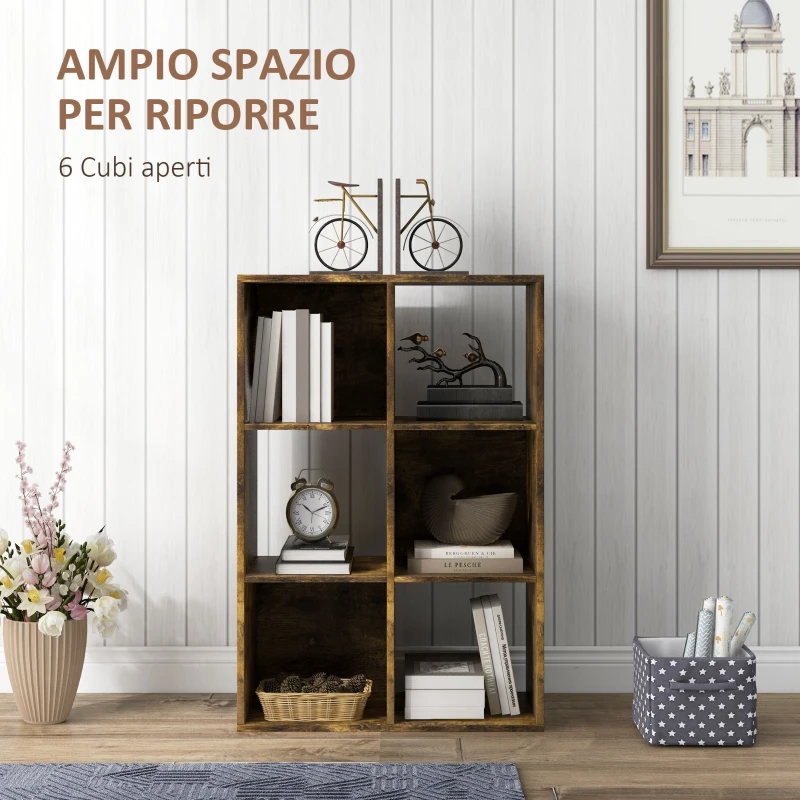 HOMCOM Libreria a Cubi con 6 Ripiani Portaoggetti in Legno dal Design Rustico, 61.5x29.5x91.5 cm, Marrone