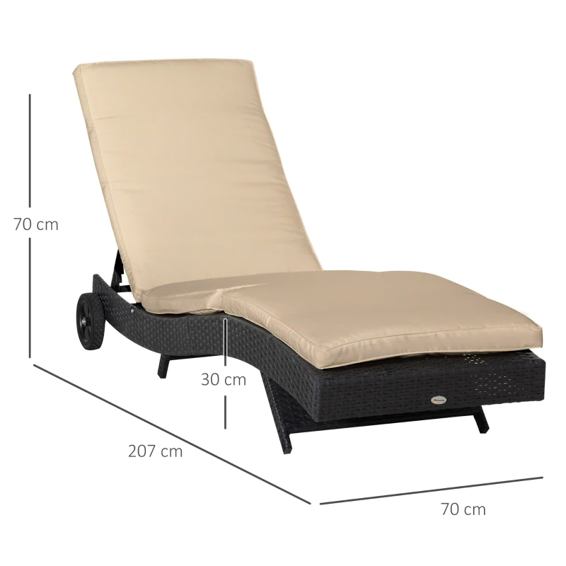 Outsunny Espreguiçadeira de Vime Reclinável Espreguiçadeira de Jardim com 2 Rodas Encosto Ajustável em 5 Posições 207x70x70 cm Preto