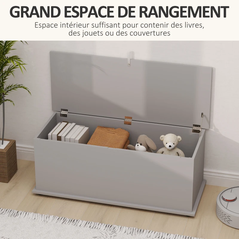 HOMCOM Coffre de rangement, banc de rangement avec couvercle rabattable et charnières de sécurité, 100 x 40 x 40 cm, gris
