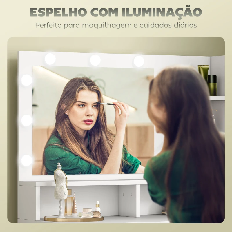 HOMCOM Toucador de Maquilhagem com Luz e Banco Mesa de Maquilhagem com 2 Gavetas e Prateleiras Estilo Moderno para Quarto Branco