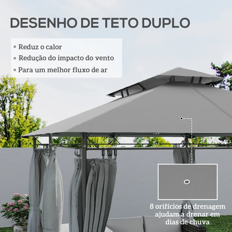 Outsunny Pérgola de Jardim 397x297x265 cm Pérgola de Exterior com Teto Duplo Paredes Laterais Resistente a Água Cinza Escuro