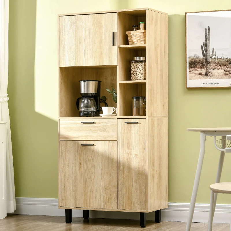 HOMCOM Buffet de cuisine armoire de cuisine multi-rangements avec un tiroir, 3 placards, 4 niches et passe-câbles hauteur 166 cm(m-7)