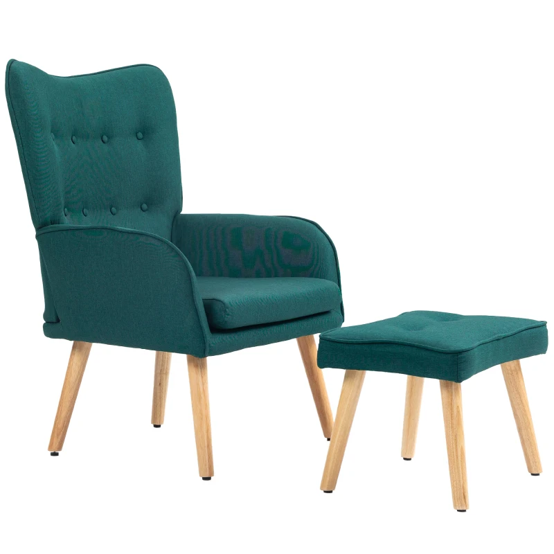 HOMCOM Poltrona con Poggiapiedi, Schienale Alto Trapuntato, Gambe in Legno e Rivestimento in Lino, Verde Scuro