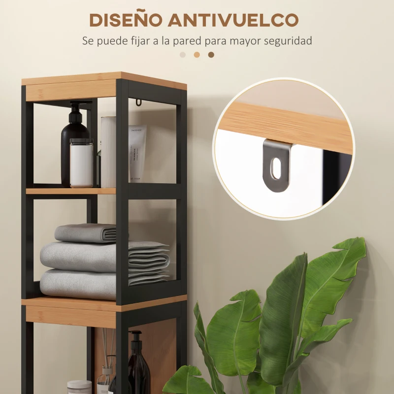 kleankin Armario Alto para Baño con 3 Estantes y 2 Cajones Estilo Moderno 30x30x144,3 cm Negro y Natural