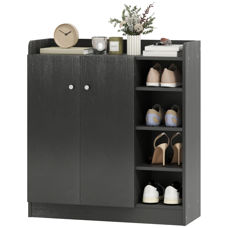 HOMCOM Meuble de rangement à chaussures pour entrée 12 paires - armoire à chaussures avec 4 compartiments ouverts et placard double porte - étagère réglable - 83L x 30l x 90H cm - noir