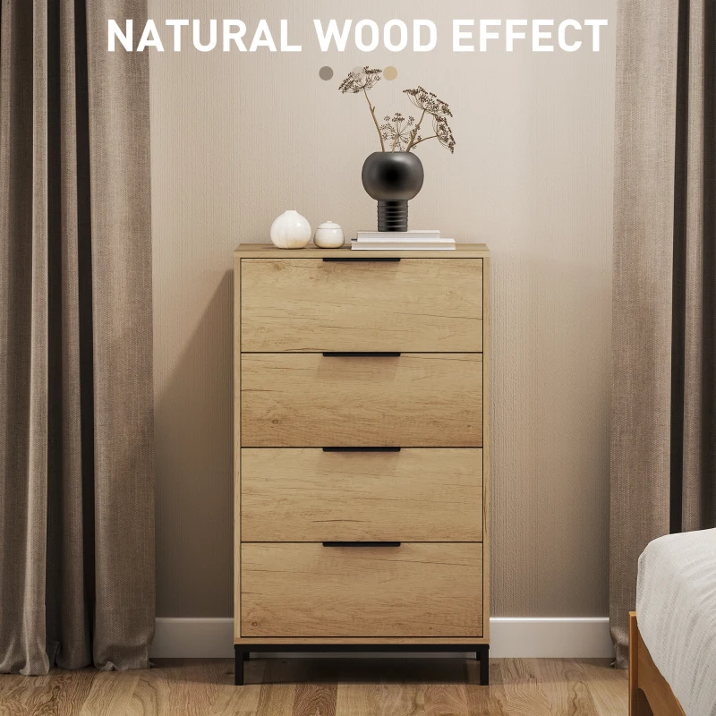 HOMCOM Comodă 4 Sertare din PAL și Metal 62x35x105 cm Maro Deschis