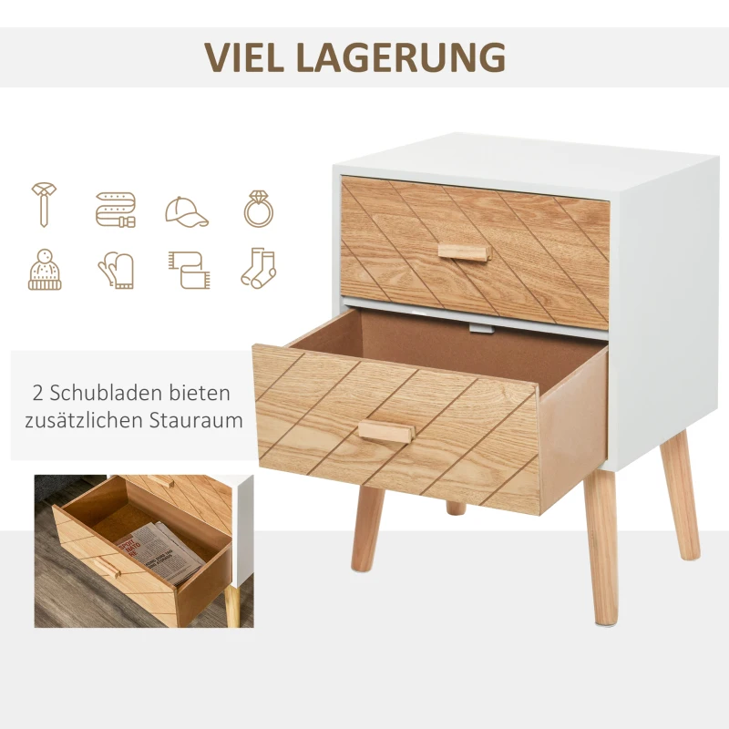 HOMCOM Nachttisch Nachtkommode Flurkommode mit Schubladen Holz weiß + natur 40 x 30 x 55,5 cm