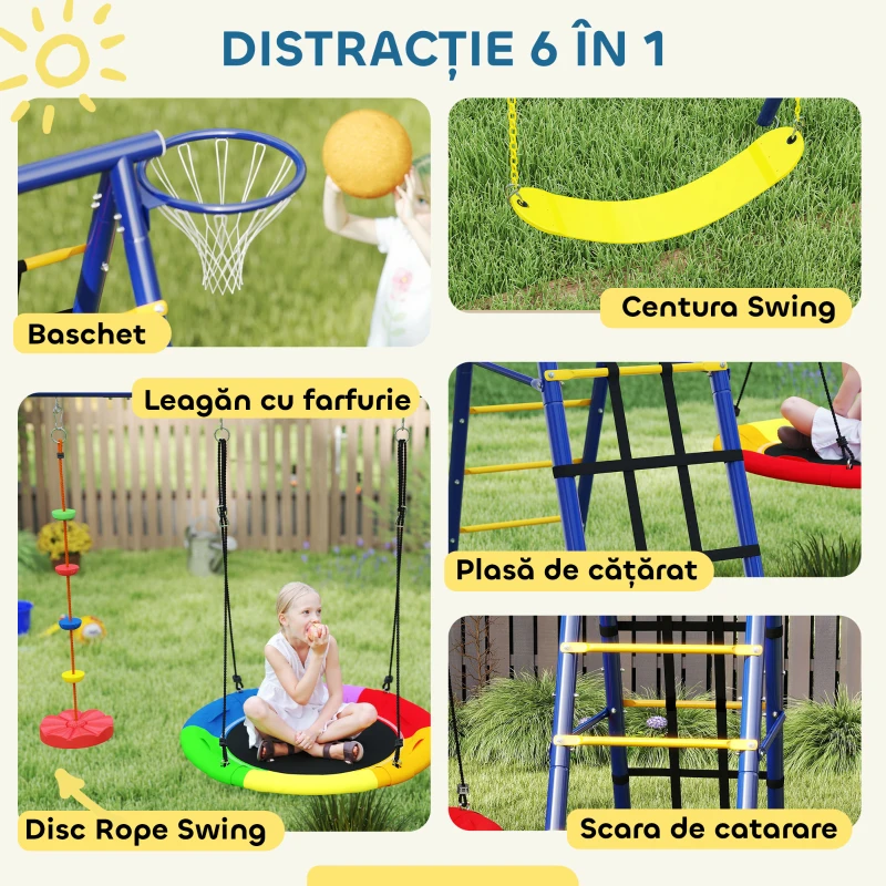 AIYAPLAY Set Leagăn de Grădină 6 în 1 pentru Copii 3-8 Ani, 350x183x200 cm, Multicolor(m-4)