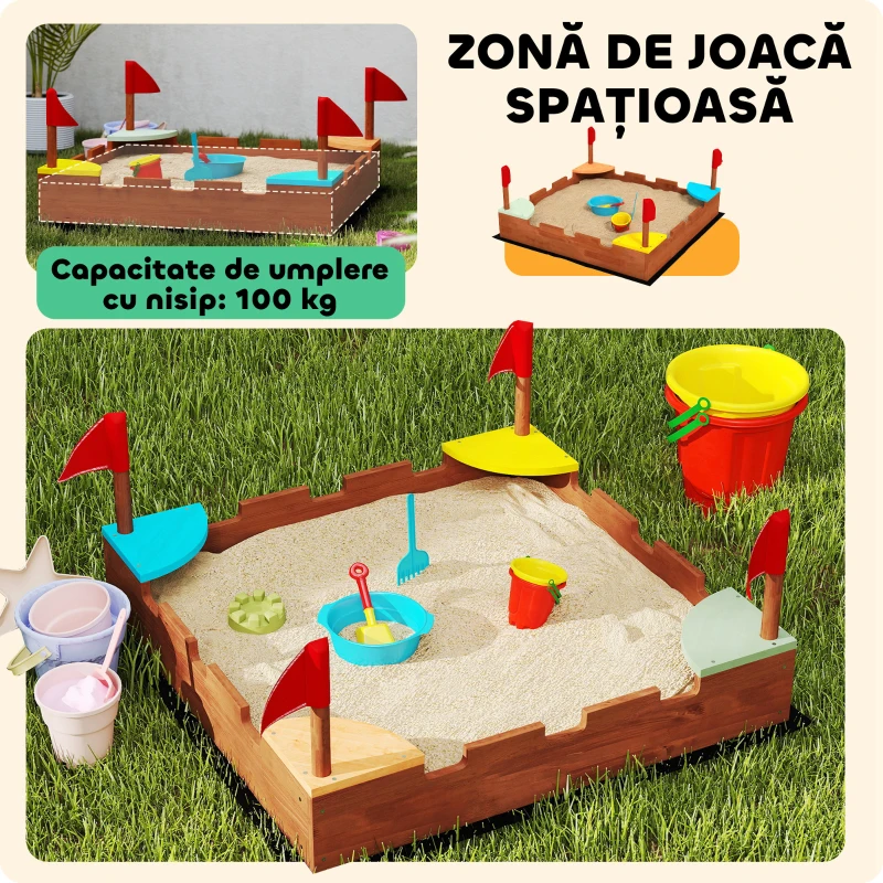 AIYAPLAY Nisipar pentru Copii 3-7 Ani, Formă Castel, Lemn de Brad, 90x90x17 cm, Multicolor