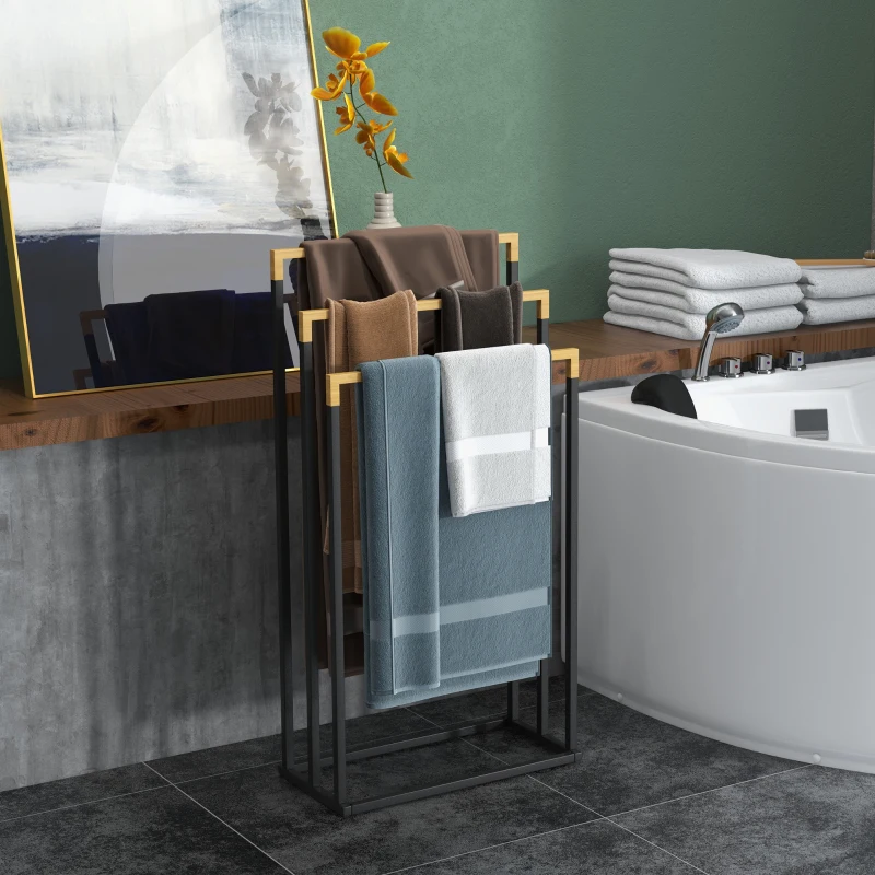 kleankin Porte-serviettes en bambou et acier sur pieds avec 3 barres support pour serviette 45 x 22,5 x 86 cm noir et naturel