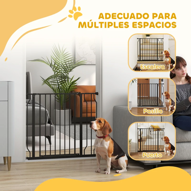 PawHut Barrera de Seguridad para Perros con 2 Extensiones Montaje a Presión Doble Bloqueo para Puerta Escalera 75-95 cm Negro