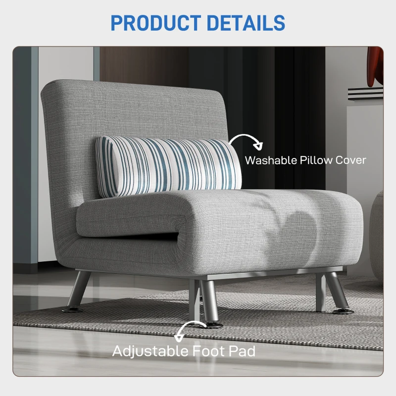 HOMCOM Single Sofa Bed, 1 Person Sleeper Foldable Lounge with Pillow, Light Grey