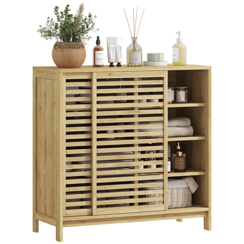HOMCOM Armadio da Bagno in Bambù con 2 Porte Scorrevoli, Design a Listelli, 4 Ripiani, Mobiletto Portaoggetti, 80x34x80 cm, Naturale