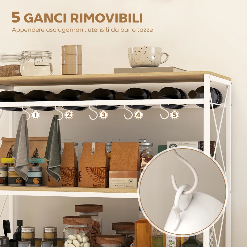 HOMCOM Carrello Portavivande a 4 Livelli con Portabottiglie e 5 Ganci Rimovibili, in Legno e Metallo, 96.5x38x96.7 cm